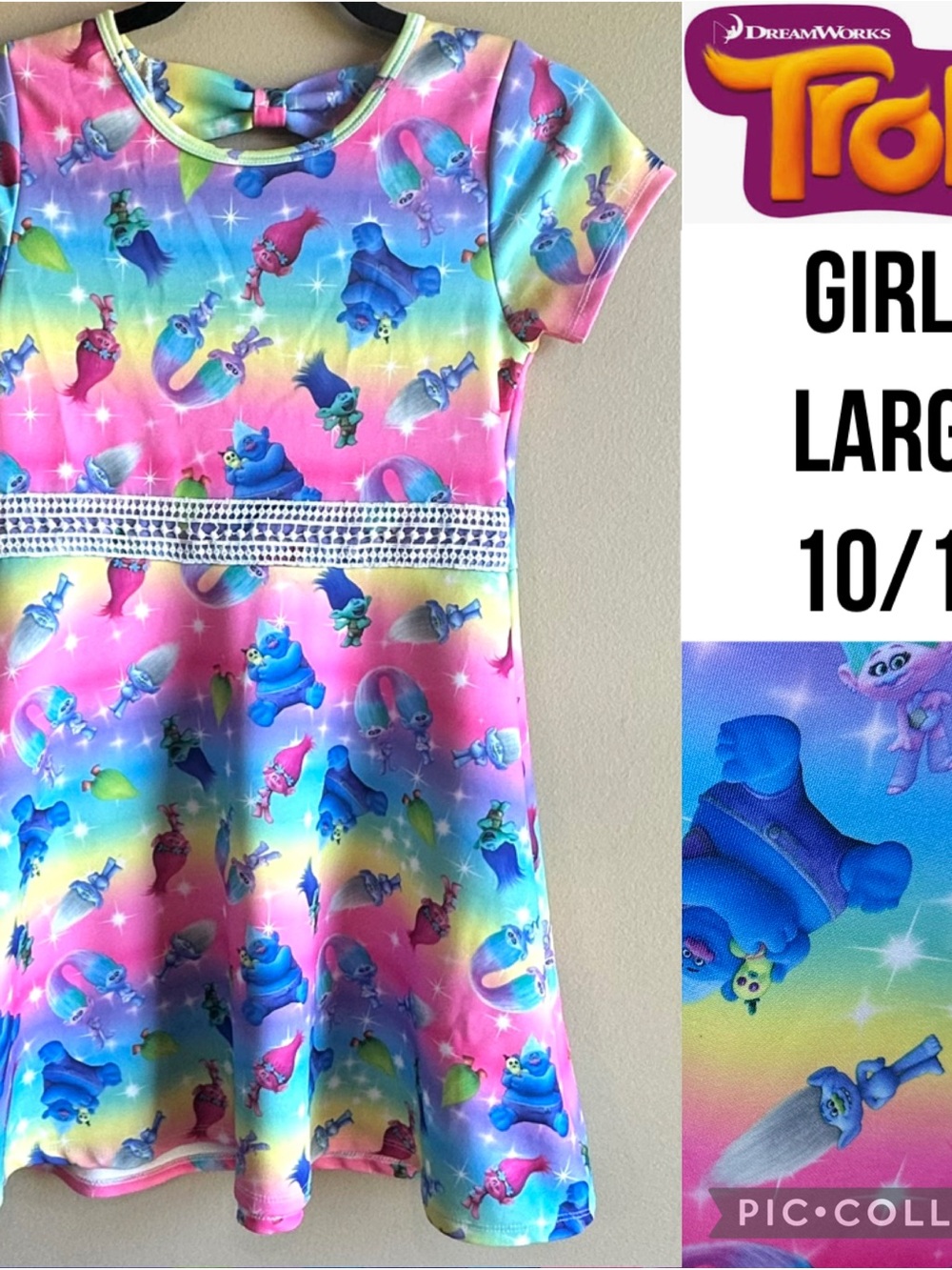 Dreamworks Trolls Girls Dress Skater Pastel Rainbow Short Sleeve Scuba L 10/12